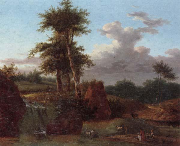 unknow artist A Wooded landscape with an artist sketching at the base of a waterfall,anmals drinking in a pool nearby oil painting image